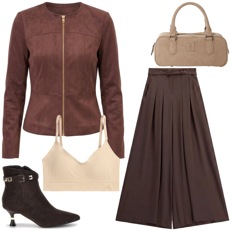 Outfit donna - Workwear. Stile Chic per Ufficio. Abbinamento con pantaloni a palazzo, borse a mano, blazer, reggiseni, stivaletti.