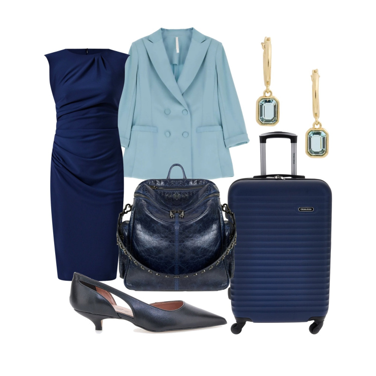 Outfit donna - Iconic business woman. Stile Chic per Ufficio. look ideale per Petite. Abbinamento con blazer, vestiti a tubino, zaini, orecchini, décolleté, valigie.