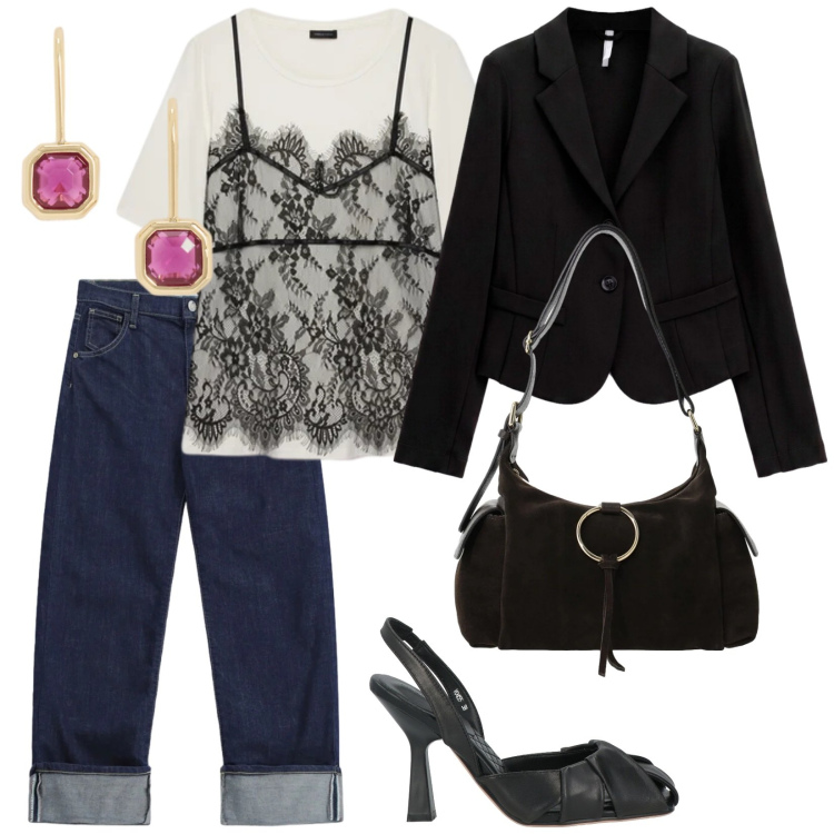 Outfit donna - Pizzo e nero. per Serata fuori. Abbinamento con décolleté, blazer, borse a spalla, jeans dritti, t-shirt, orecchini.