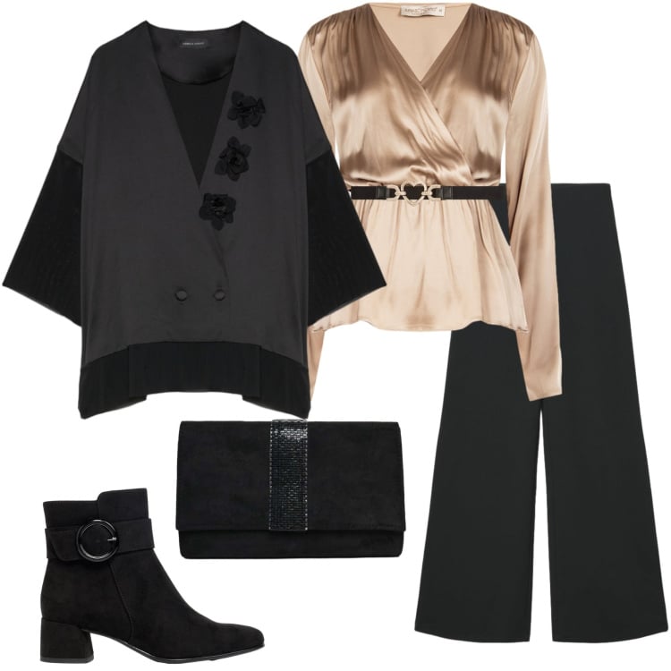 Outfit donna - Pantaloni palazzo e blusa in seta. Stile Chic per Serata fuori. Abbinamento con stivaletti, cinture, pantaloni a palazzo, bluse, blazer, pochette.