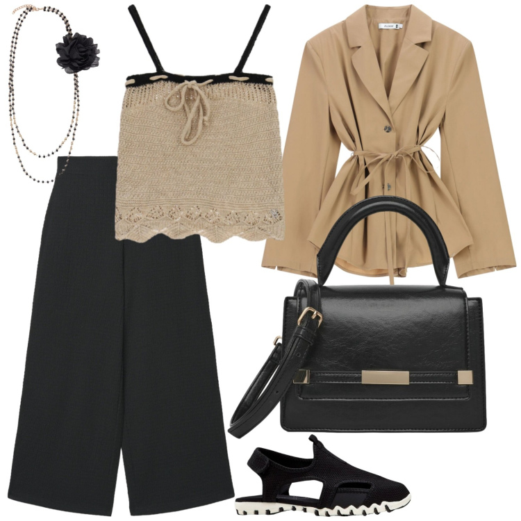 Outfit donna - Scarpe comode. per Tutti i giorni. Abbinamento con sandali, pantaloni a palazzo, borse a tracolla, blazer, maglieria, collane.