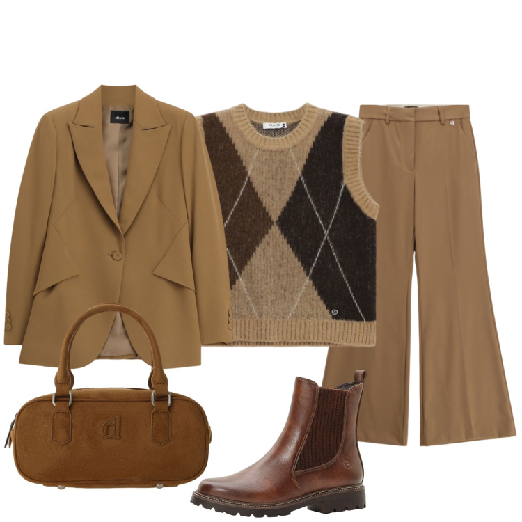 Outfit donna - British vintage. Stile Minimal per Tutti i giorni. Abbinamento con stivaletti, maglieria, borse a mano, pantaloni, blazer.