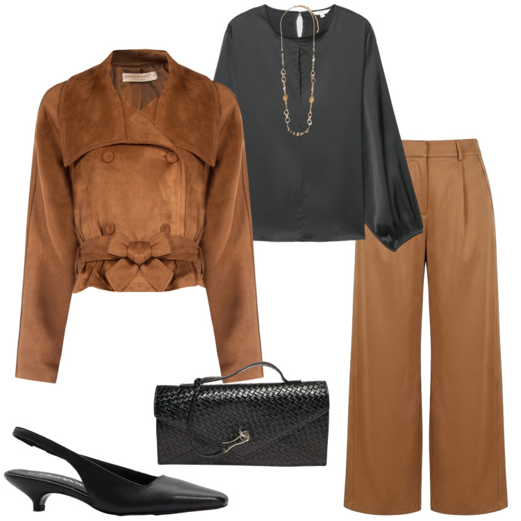 Outfit donna - Pantaloni palazzo e blusa in seta. Stile Casual chic per Serata fuori. Abbinamento con décolleté, bluse, giacche, pantaloni a palazzo, collane, portafogli.
