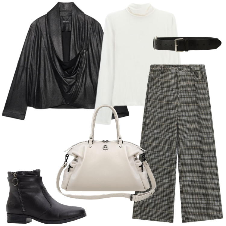 Outfit donna - Università. Stile Casual per Scuola/Università. Abbinamento con stivaletti, t-shirt, pantaloni, cinture, blazer, shopping bag.