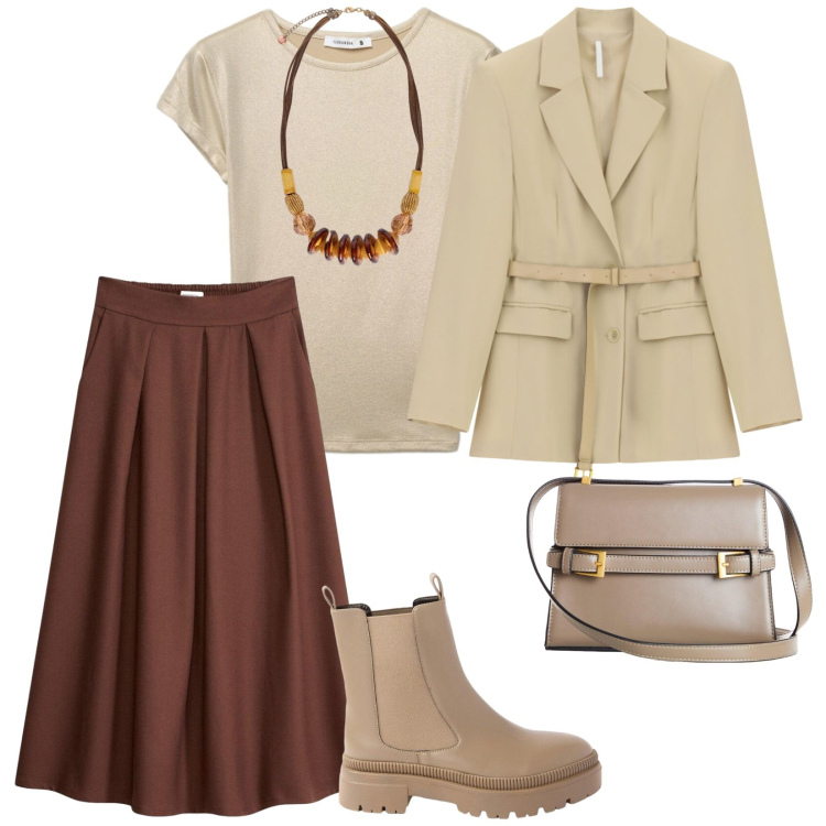 Outfit donna - Sfumature. per Tutti i giorni. Abbinamento con gonne longuette, stivaletti, borse a tracolla, t-shirt, blazer, collane.