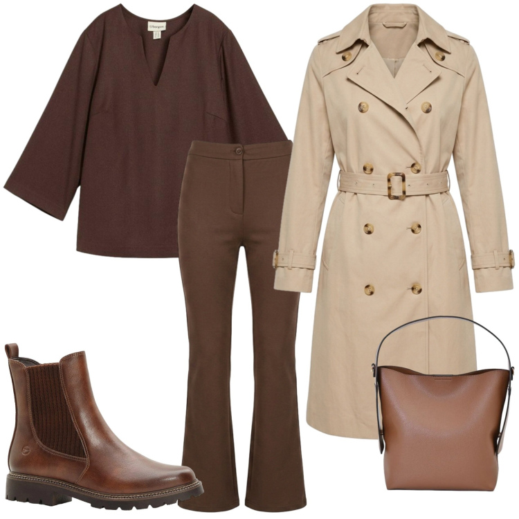 Outfit donna - Trench leggero. Stile Urban per Tutti i giorni. Abbinamento con stivaletti, tuniche, borse a mano, trench, pantaloni.