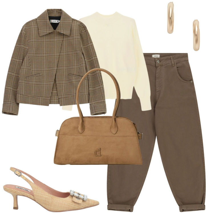 Outfit donna - Fall vibes. Stile Casual chic per Tutti i giorni. Abbinamento con décolleté, maglieria, cappotti, pantaloni, borse a spalla, orecchini.
