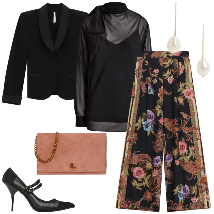 Outfit donna - Serata fuori. Stile Chic per Serata fuori. Abbinamento con décolleté, blazer, pantaloni a palazzo, orecchini, borse a tracolla, bluse.