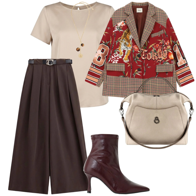 Outfit donna - Sfumature. per Ufficio. Abbinamento con pantaloni a palazzo, stivaletti, blazer, t-shirt, borse a mano, collane.