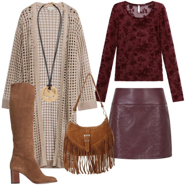 Outfit donna - Cardigan traforato. Stile Casual per Tutti i giorni. Abbinamento con stivali, cardigans, top, borse a spalla, minigonne, ciondoli.
