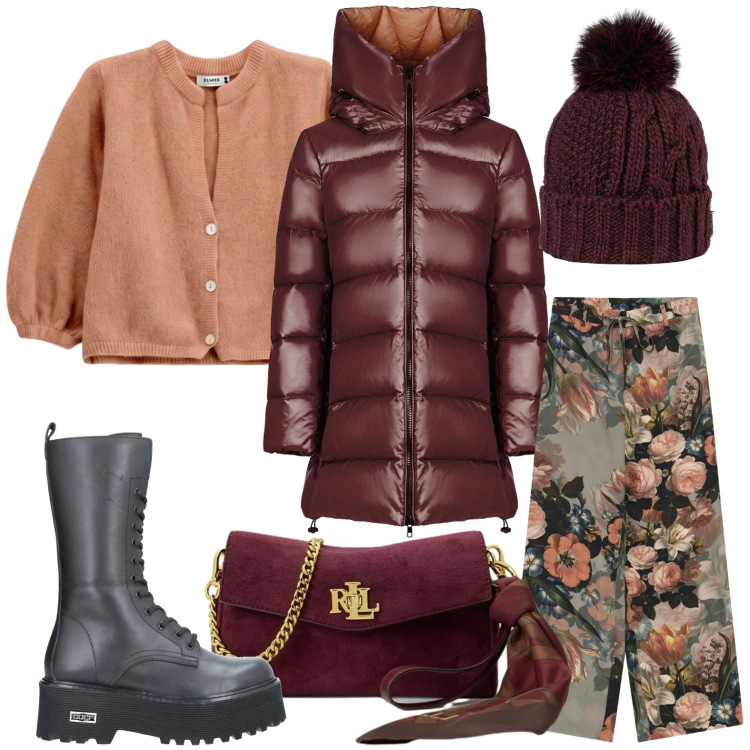 Outfit donna - Piumino caldo. Stile Basic per Ufficio. Abbinamento con stivali, pantaloni a palazzo, cardigans, piumini, berretti, borse a tracolla.