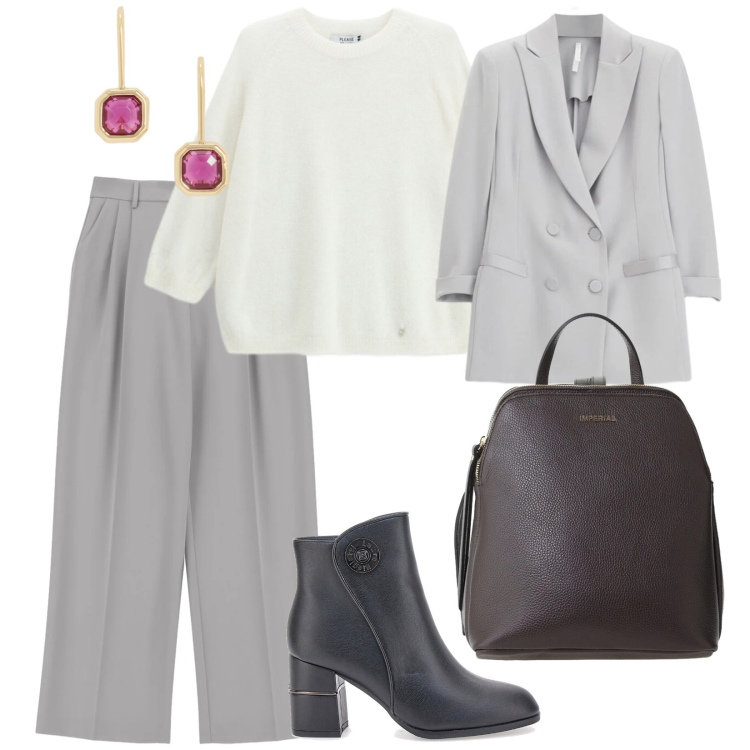Outfit donna - Iconic donna. per Ufficio. Abbinamento con zaini, pantaloni a palazzo, blazer, maglieria, orecchini, stivaletti.