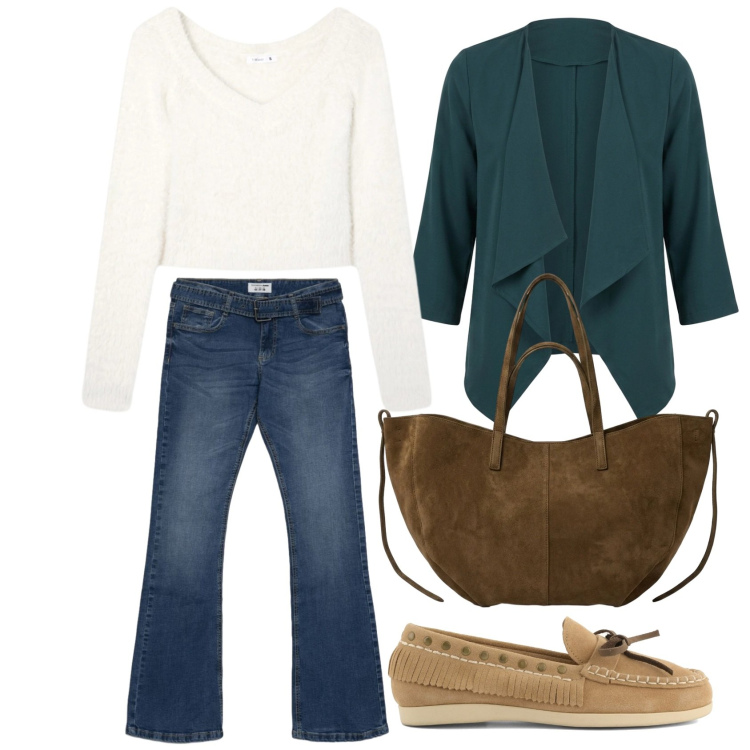 Outfit donna - Un autunno in jeans. Stile Casual per Tutti i giorni. Abbinamento con maglieria, jeans a zampa, borse tote, blazer, mocassini.