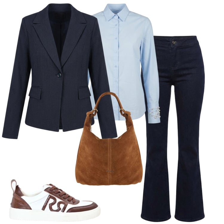 Outfit donna - Dark denim il jeans per l\'autunno. Stile Casual chic per Tutti i giorni. Abbinamento con borse a spalla, sneakers, jeans, blazer, camicie.