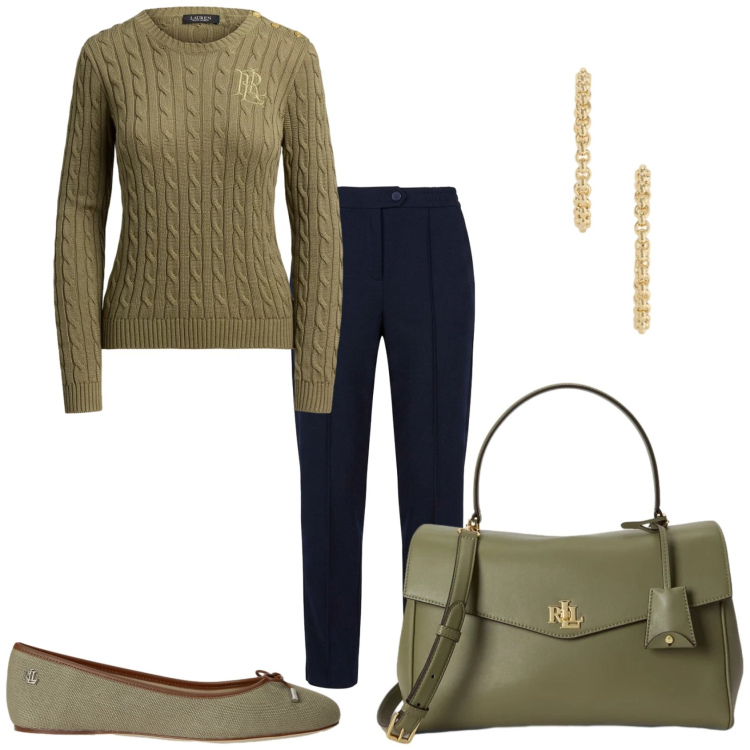 Outfit donna - Giornata di studio. Stile Casual chic per Scuola/Università. Abbinamento con pantaloni, ballerine, borse a mano, maglieria, orecchini.