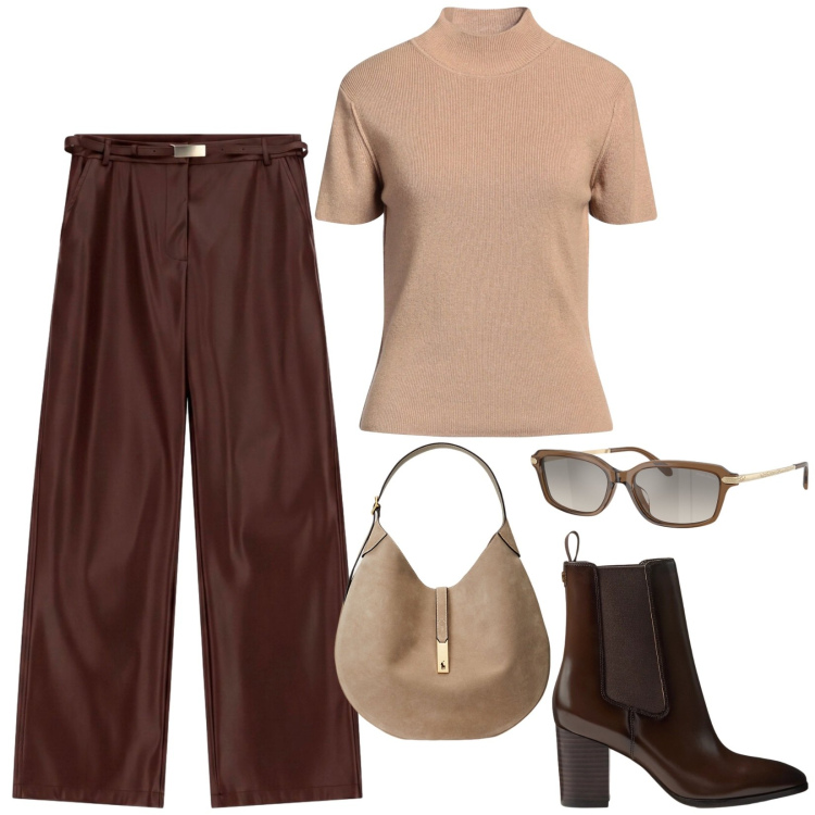 Outfit donna - Trendy. Stile Trendy per Serata fuori. Abbinamento con maglieria, pantaloni, borse a spalla, stivaletti, occhiali da sole.
