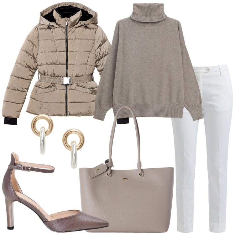 Outfit donna - Giornata di lavoro. Stile Casual chic per Ufficio. Abbinamento con pantaloni, shopping bag, piumini, maglieria, décolleté, orecchini.
