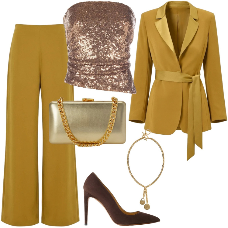 Outfit donna - Tailleur rinascimento. Stile Glamour per Serata fuori. Abbinamento con pantaloni a palazzo, blazer, top, clutch, décolleté, ciondoli.