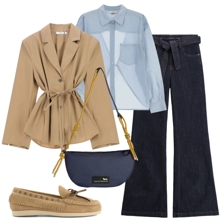 Outfit donna - Denim dark blue. Stile Casual per Ufficio. Abbinamento con borse a tracolla, jeans a zampa, blazer, camicie, mocassini.