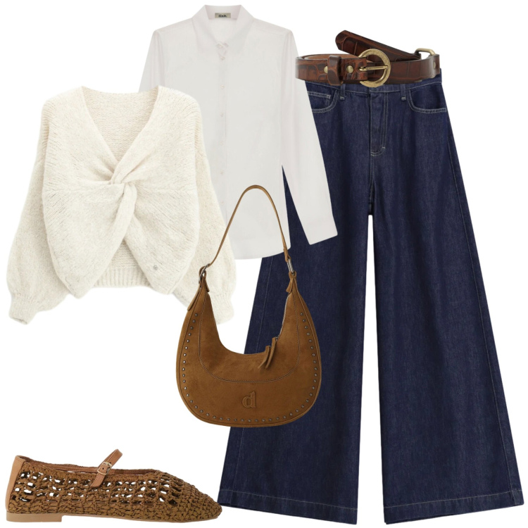 Outfit donna - Dark denim il jeans per l\'autunno. Stile Casual chic per Tutti i giorni. Abbinamento con jeans, maglieria, borse a spalla, cinture, camicie, ballerine.