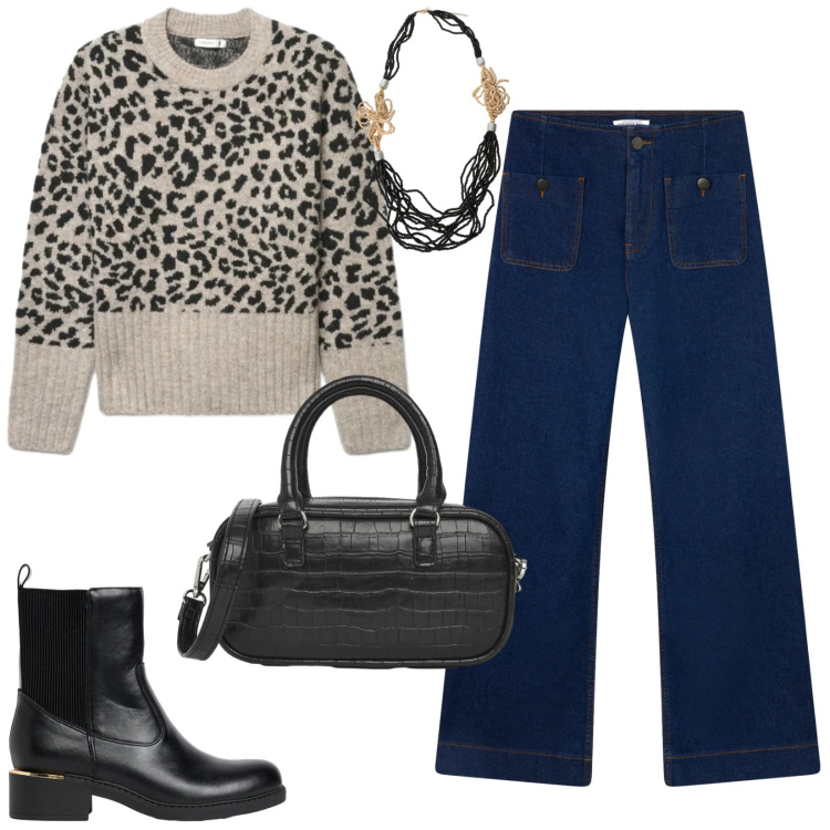 Outfit donna - Total look #2475494. Stile Basic per Ufficio. Abbinamento con stivaletti, jeans, borse a tracolla, maglieria, collane.