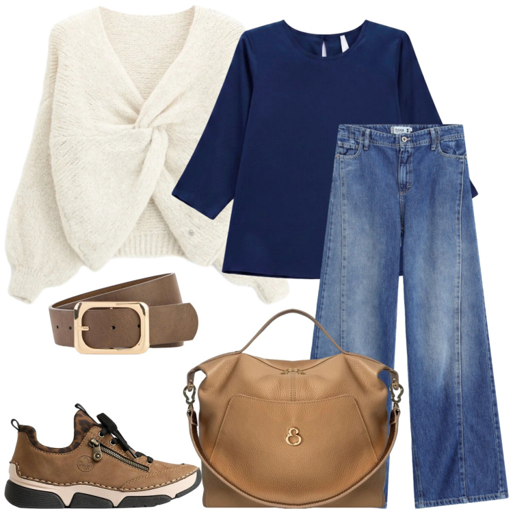 Outfit donna - Gita fuori porta. Stile Casual per Tutti i giorni. Abbinamento con sneakers, cinture, bluse, maglieria, jeans, borse a mano.