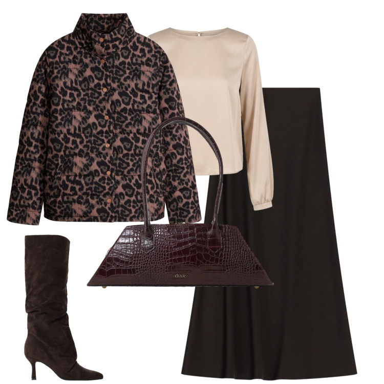 Outfit donna - Cammello e cioccolato. Stile Casual chic per Tutti i giorni. Abbinamento con giacche, gonne lunghe, stivali, borse a spalla, bluse.