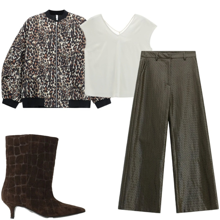 Outfit donna - We Are Back: grigio. Stile Trendy per Tutti i giorni. Abbinamento con pantaloni a palazzo, bomber, stivali, t-shirt.