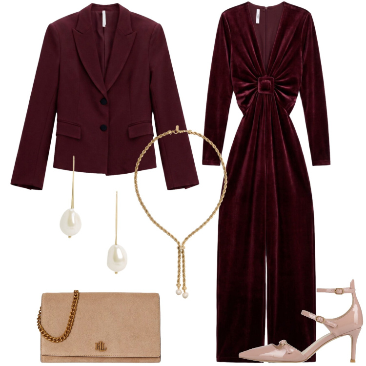 Outfit donna - Serata fuori. Stile Chic per Serata fuori. Abbinamento con décolleté, tute, blazer, orecchini, borse a tracolla, collane.