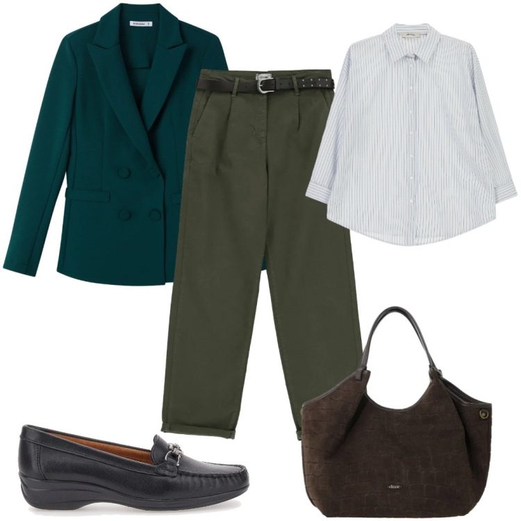 Outfit donna - ICONIC BUSINESS WOMAN verde bosco. Stile Mannish per Ufficio. Abbinamento con blazer, borse a spalla, camicie, pantaloni, mocassini.