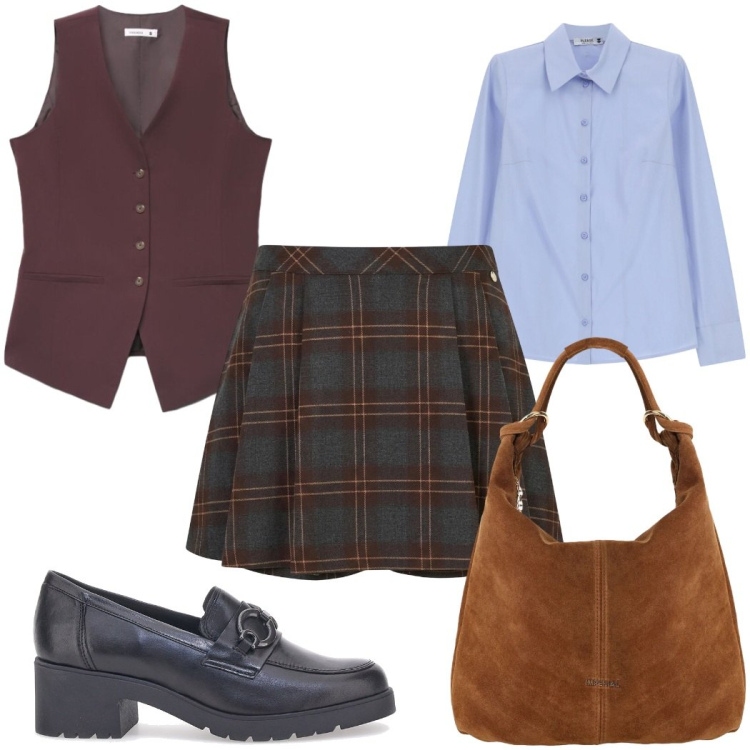 Outfit donna - ICONIC BUSINESS WOMAN: il gilet. Stile Preppy per Ufficio. Abbinamento con gilet, borse a spalla, minigonne, camicie, mocassini.