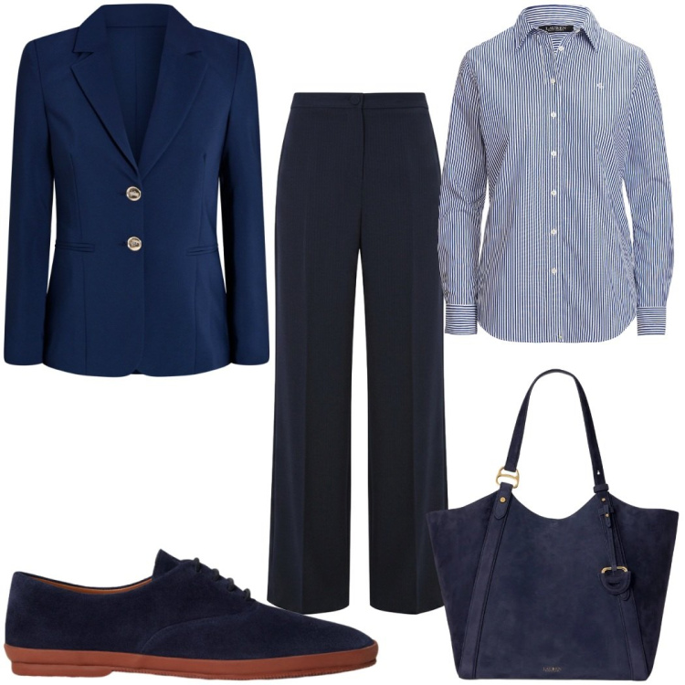 Outfit donna - ICONIC BUSINESS WOMAN : mannish in blu. Stile Mannish per Ufficio. Abbinamento con blazer, pantaloni a palazzo, camicie, sneakers, borse tote.
