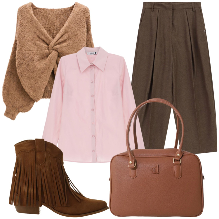 Outfit donna - Total look #2475509. Stile Casual chic per Tutti i giorni. Abbinamento con stivaletti texani, pantaloni a palazzo, camicie, maglieria, borse a mano.