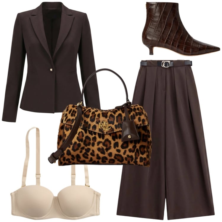 Outfit donna - Grintosa in ufficio. Stile Chic per Ufficio. Abbinamento con pantaloni a palazzo, blazer, reggiseni, borse a mano, stivaletti.