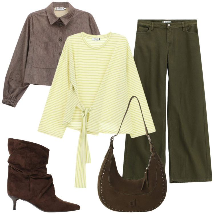 Outfit donna - Total look #2475511. Stile Casual chic per Tutti i giorni. Abbinamento con stivali, pantaloni a palazzo, t-shirt, cappotti, borse a spalla.