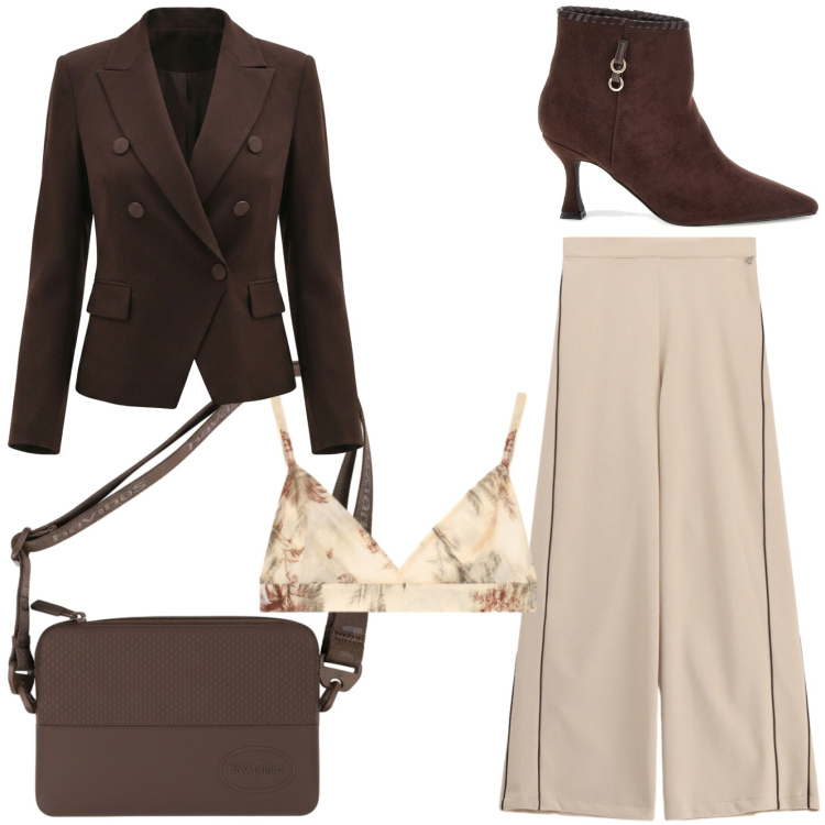 Outfit donna - In ufficio. Stile Chic per Ufficio. Abbinamento con pantaloni a palazzo, top, blazer, clutch, stivaletti.
