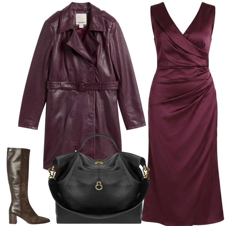 Outfit donna - Total look #2475518. Stile Glamour per Serata fuori. Abbinamento con stivali, borse a spalla, vestiti midi/longuette, trench.