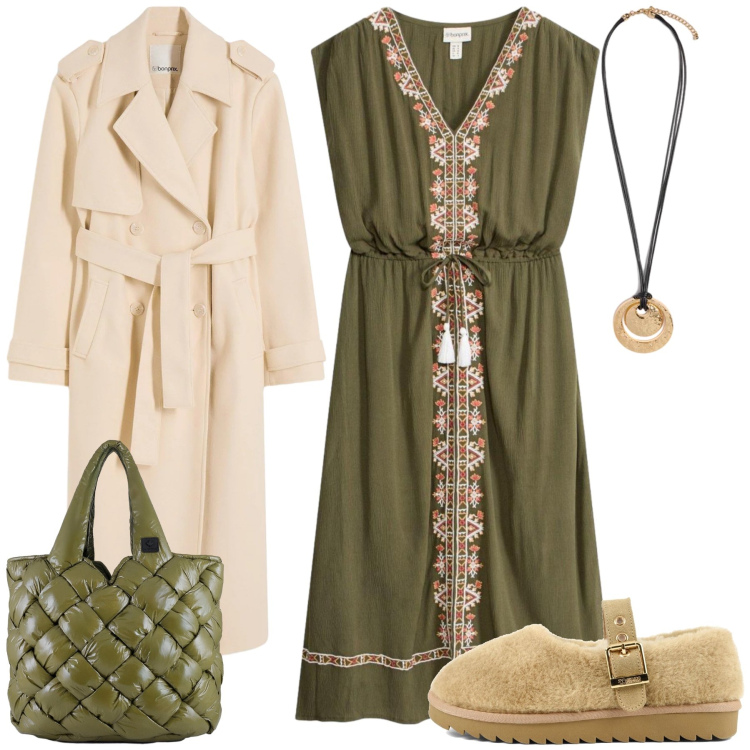 Outfit donna - Total look #2475519. Stile Casual chic per Tutti i giorni. Abbinamento con trench, vestiti midi/longuette, borse tote, ciondoli, ballerine.