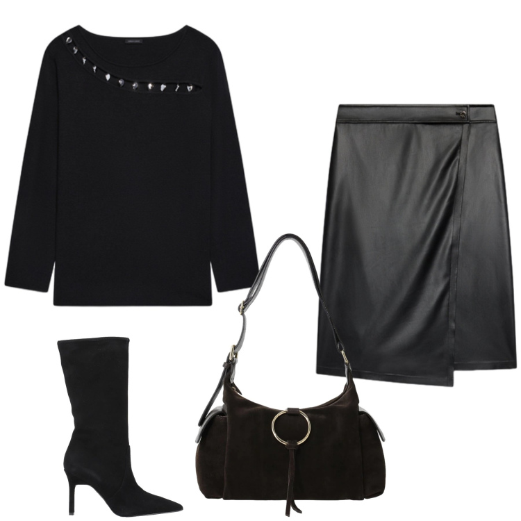 Outfit donna - Total look #2475521. Stile Glamour per Serata fuori. Abbinamento con stivali, borse a spalla, gonne longuette, maglieria.