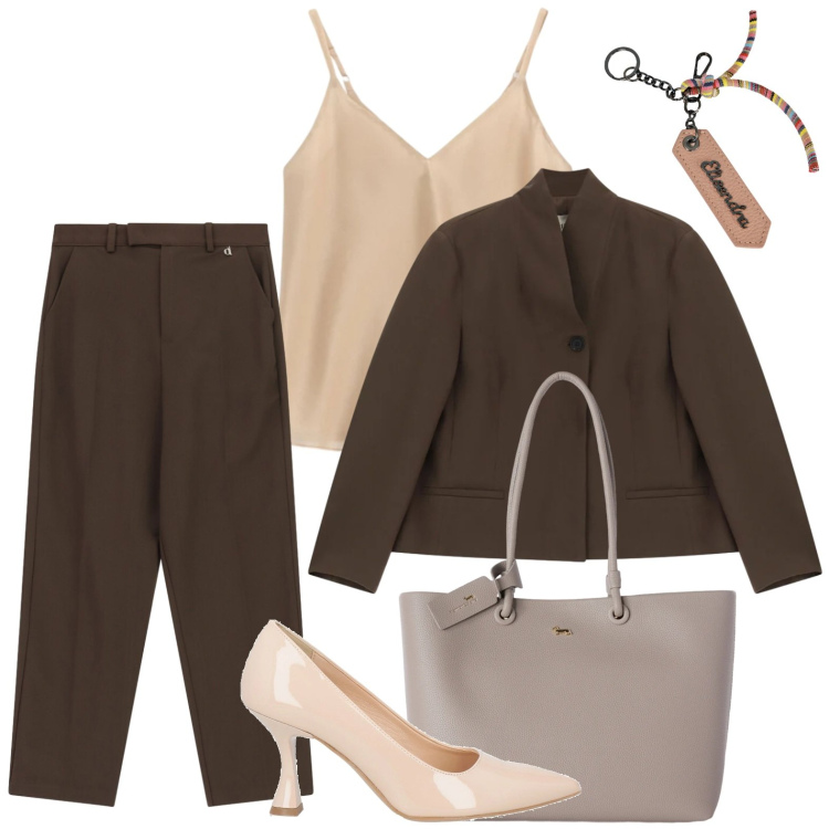 Outfit donna - Cioccolato e panna. Stile Casual per Tutti i giorni. Abbinamento con décolleté, shopping bag, top, blazer, pantaloni, portachiavi.