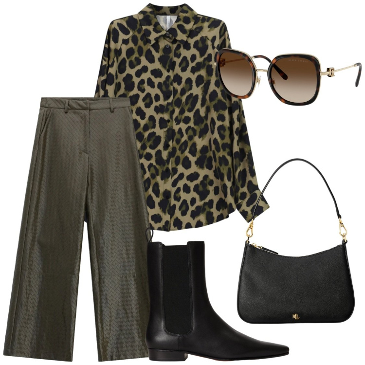 Outfit donna - Autunno glamour. Stile Chic per Serata fuori. Abbinamento con camicie, pantaloni a palazzo, borse a spalla, occhiali da sole, stivaletti chelsea.