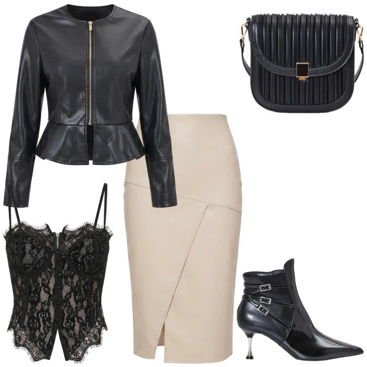 Outfit donna - Rock & Charme. Stile Rock per Serata fuori. Abbinamento con top, gonne longuette, stivaletti, giacche, borse a tracolla.