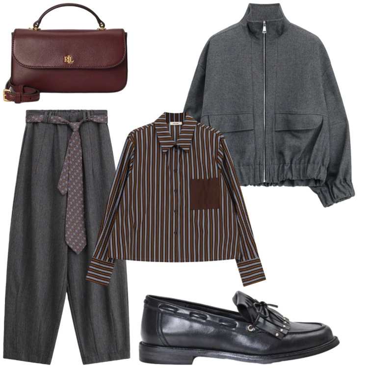 Outfit donna - Stile mannisch. Stile Mannish per Ufficio. Abbinamento con bomber, pantaloni, camicie, mocassini, borse a mano.