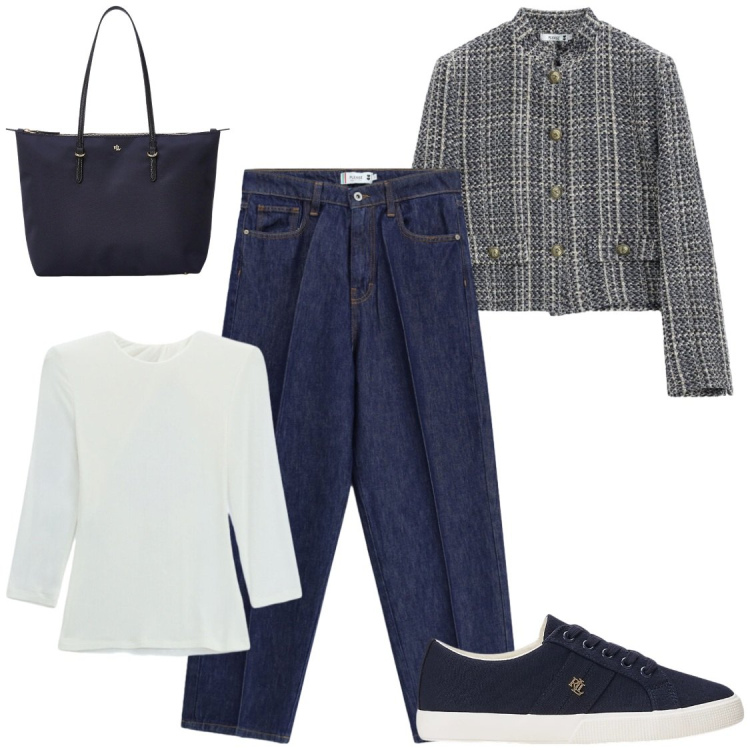 Outfit donna - Ah le mezze stagioni!. Stile Chic per Ufficio. Abbinamento con t-shirt, cappotti, jeans, borse tote, sneakers.