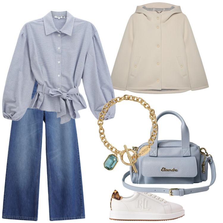 Outfit donna - Gita al Castello. Stile Casual chic per Serata fuori. Abbinamento con camicie, jeans, blazer, borse a mano, braccialetti, sneakers.