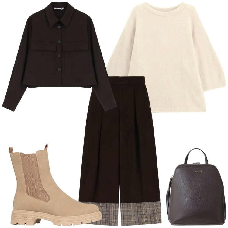 Outfit donna - Moda autunno 2026. Stile Chic per Ufficio. Abbinamento con stivaletti, maglieria, zaini, pantaloni a palazzo, cappotti.