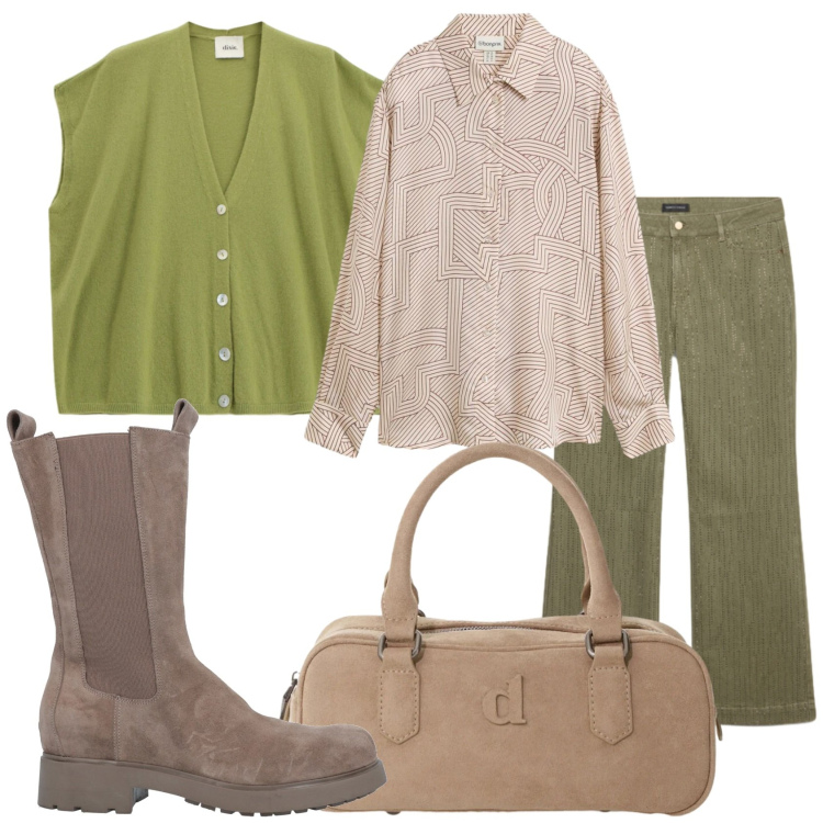 Outfit donna - Arriverà il freddo. Stile Casual per Tutti i giorni. Abbinamento con stivali, camicie, borse a mano, maglieria, pantaloni.