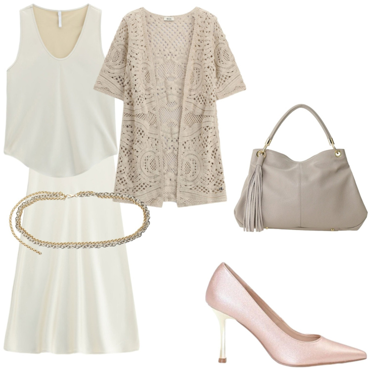 Outfit donna - Cipria e Tortora. Stile Chic per Ufficio. Abbinamento con gonne longuette, canottiere, borse a spalla, cardigans, cinture, décolleté.