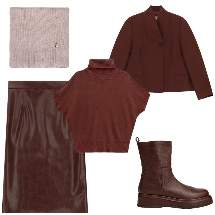 Outfit donna - Urban Burgundy Look. Stile Urban per Ufficio. Abbinamento con stivaletti, pullovers, gonne longuette, blazer, sciarpe.