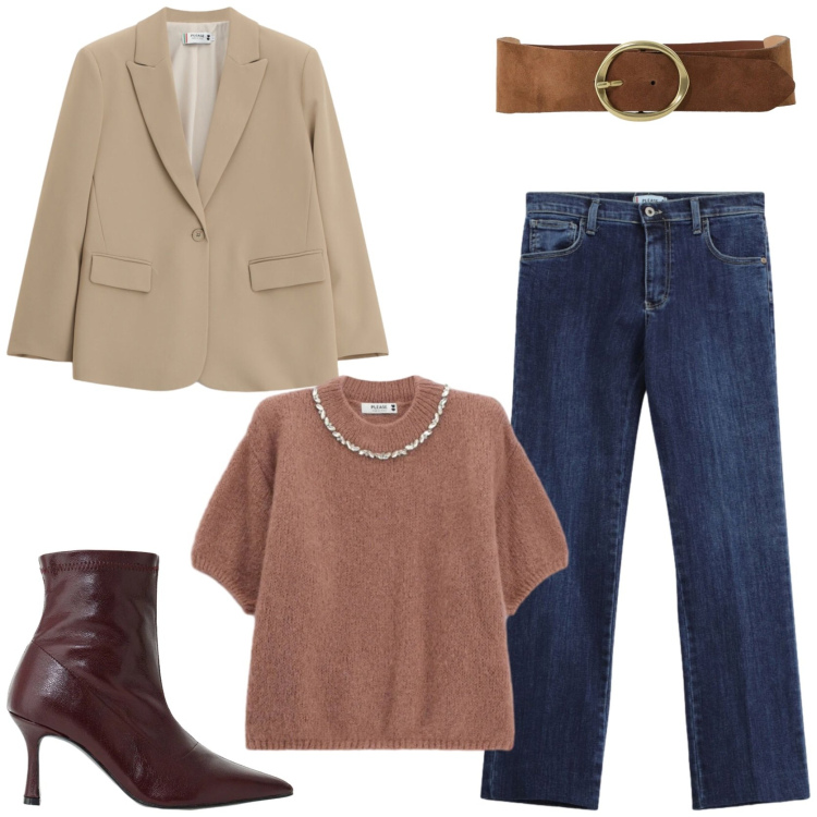 Outfit donna - Eleganza in jeans. Stile Chic per Tutti i giorni. Abbinamento con stivaletti, maglieria, blazer, jeans slim fit, cinture.